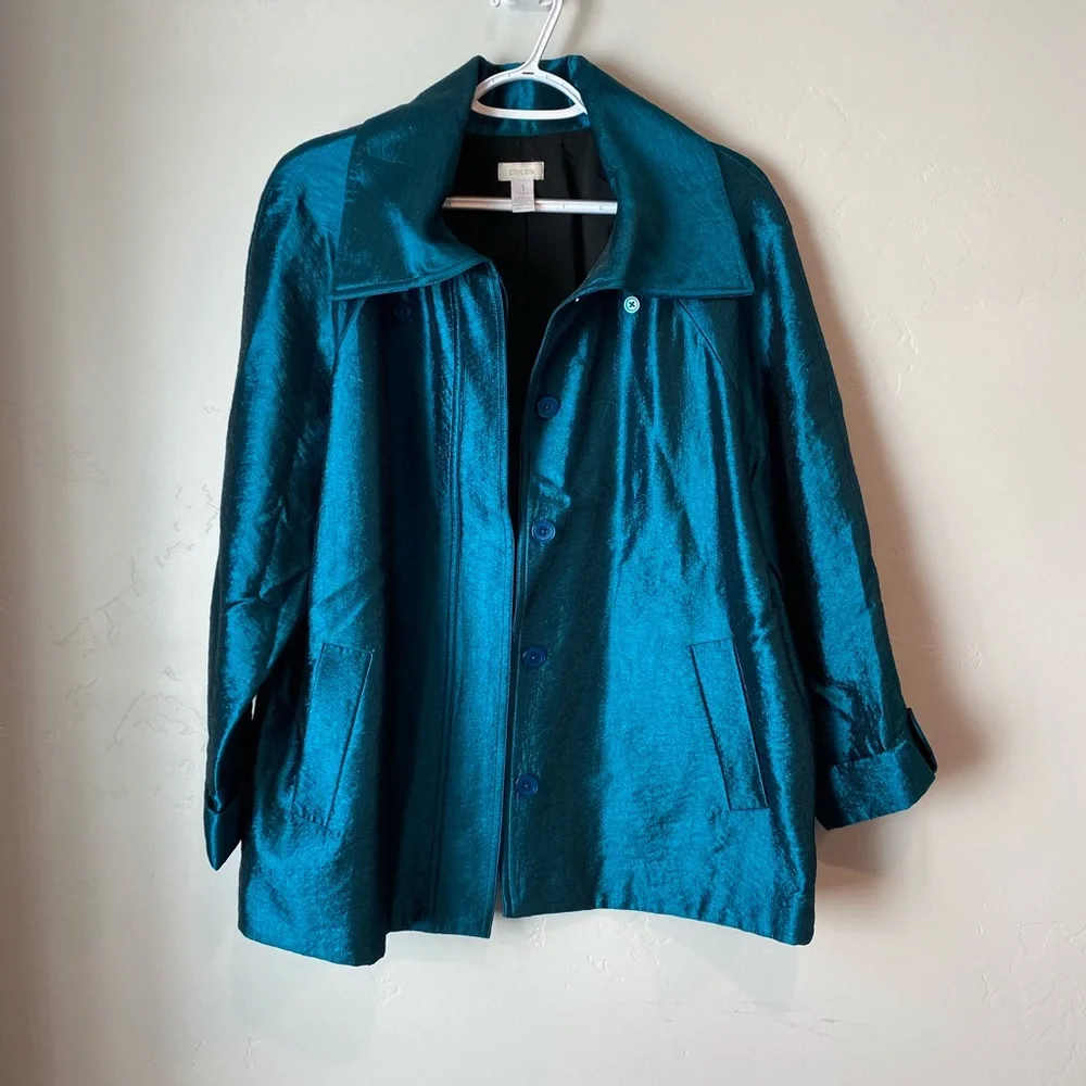 Chico's Teal Blazer Coat Lightweight Relaxed Fit Shiny Size 1/M Classic Workwear - Picture 1 of 5